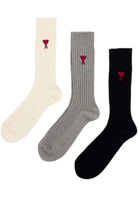 White, grey and black logo-embroidered ribbed-knit socks AMI PARIS - unisex AMI PARIS | BFUSC003379971